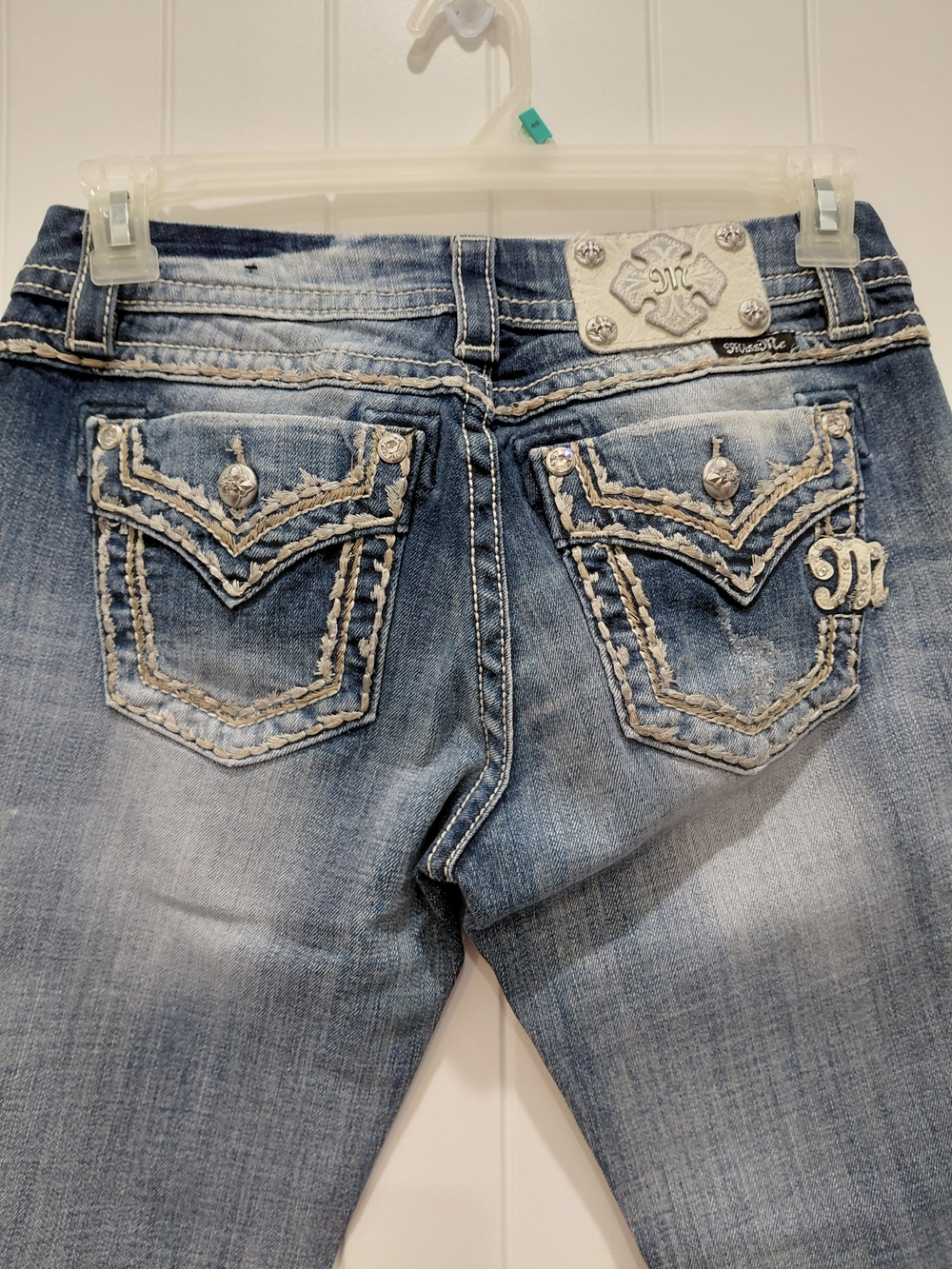 Miss Me Faded Blue Straight Leg Jeans with Embroidered Accent Pockets #2013